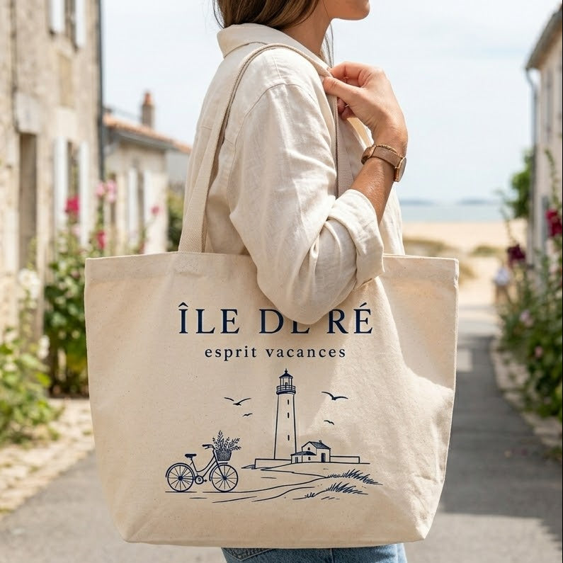 Grand tote bag bio beige avec illustration d'un phare, d'un vélo et de dunes de l'Île de Ré esprit vacances.
