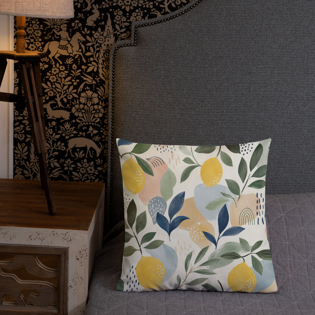 Coussin décoratif floral Citrus Flow sur canapé, collection Alichacap