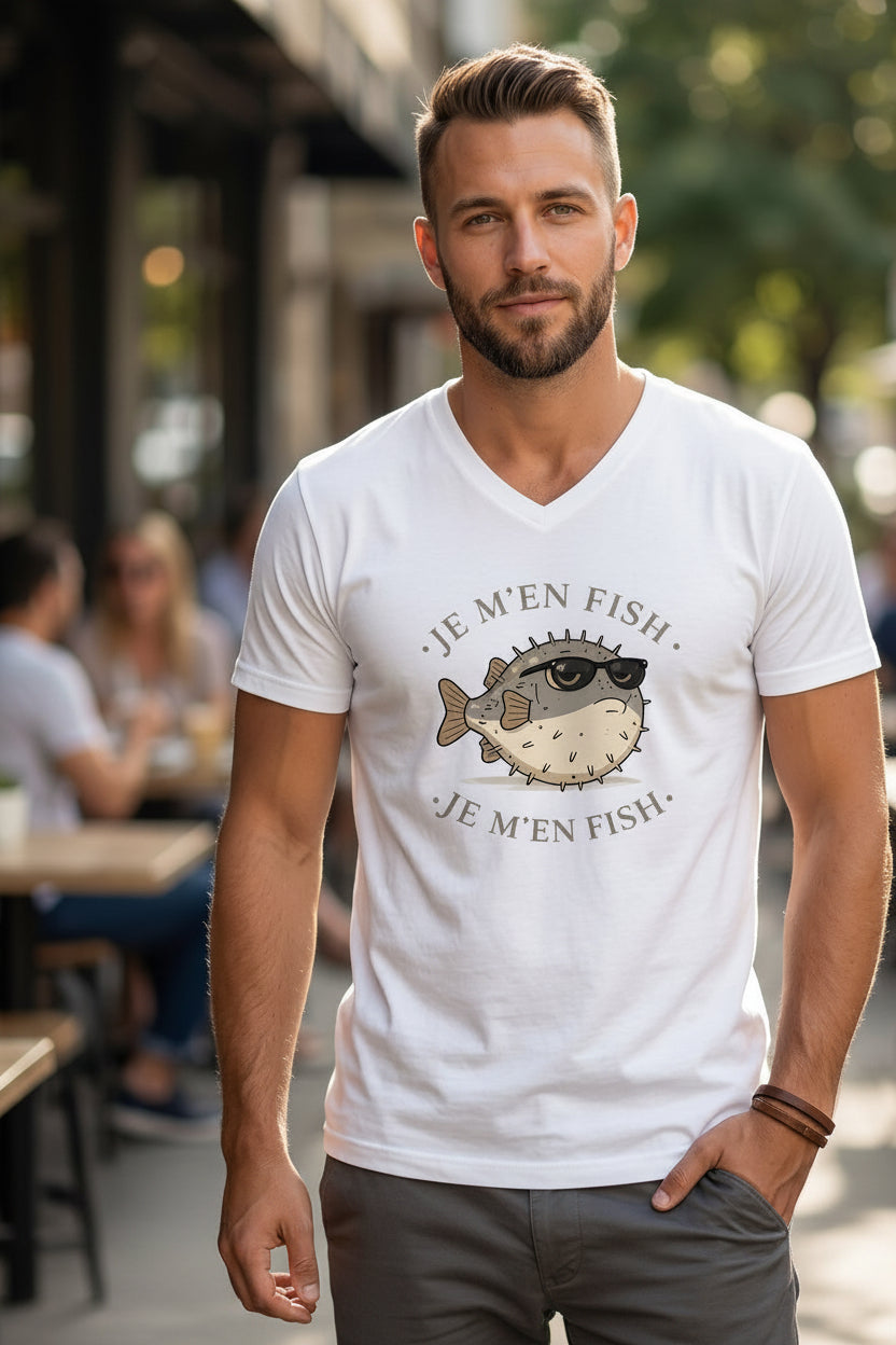 Photographie en plan moyen d'un homme barbu portant un t-shirt blanc à col en V, posant à l'extérieur. Le t-shirt arbore une illustration centrale d'un poisson-globe portant des lunettes de soleil, entouré du texte 'JE M'EN FISH'. L'homme se tient debout devant un café-terrasse ensoleillé et légèrement flou, avec des tables et d'autres personnes à l'arrière-plan.
